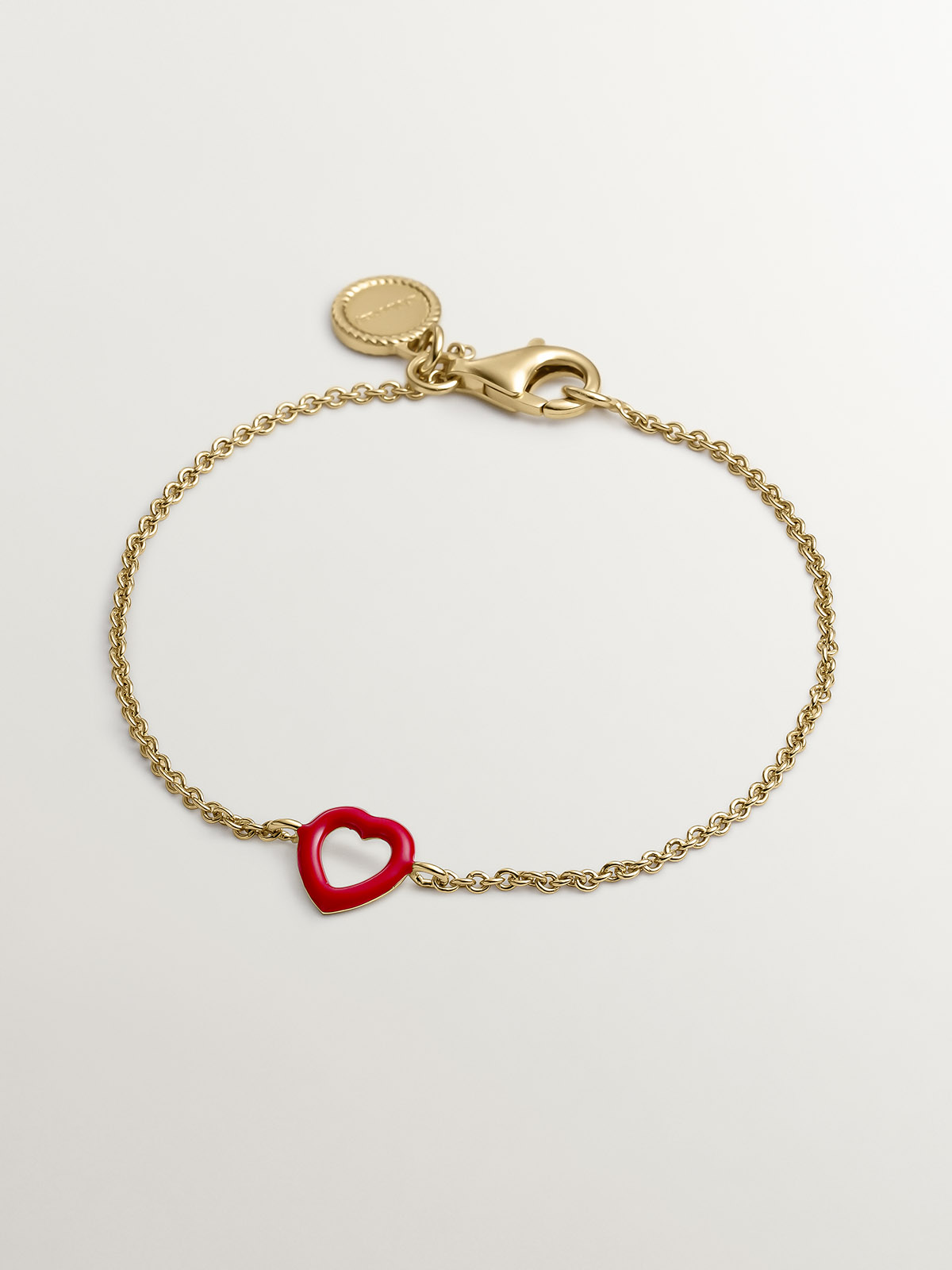 Bracelet en argent 925 plaqué en or jaune 18K avec cœur émaillé en rouge