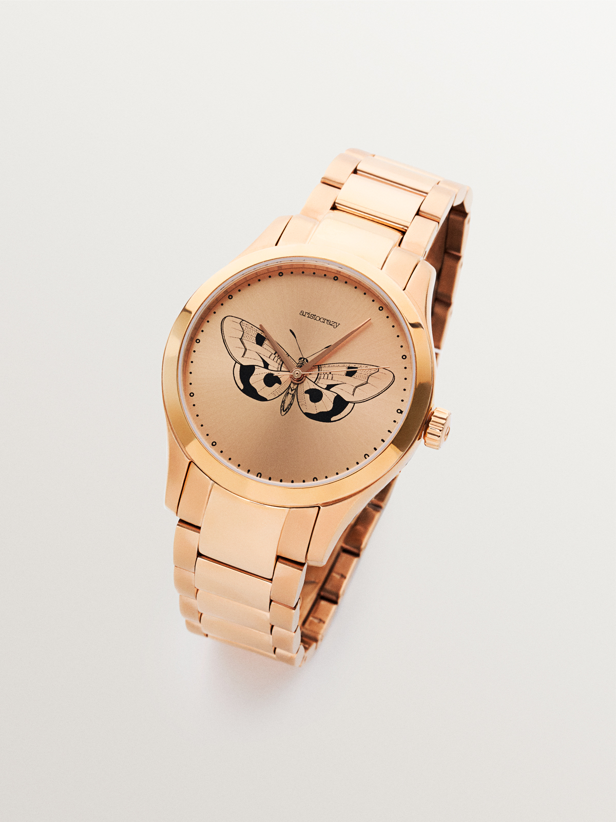 Reloj Savage con correa de acero y esfera rosa con detalle de mariposa