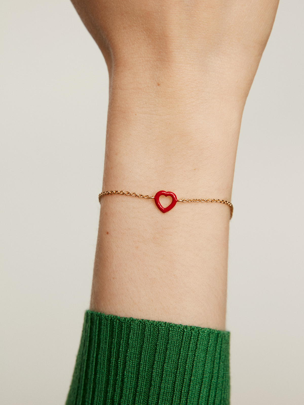 Bracelet en argent 925 plaqué en or jaune 18K avec cœur émaillé en rouge