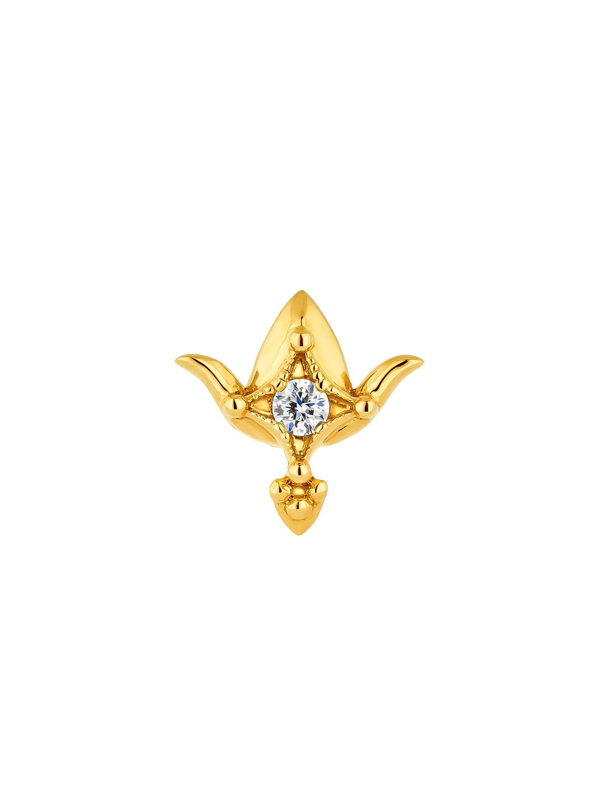 Piercing en or jaune 18K avec diamant et forme de fleur de lotus.