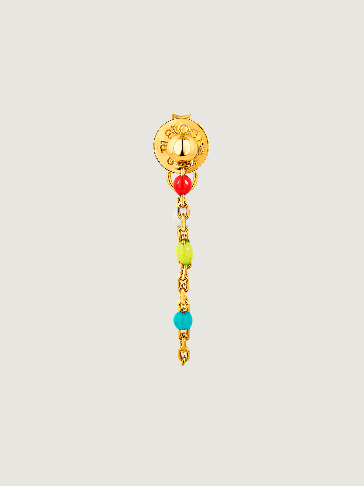 Individual earring made of 925 silver, bathed in 18K yellow gold with a chain and multicolor enamel beads.