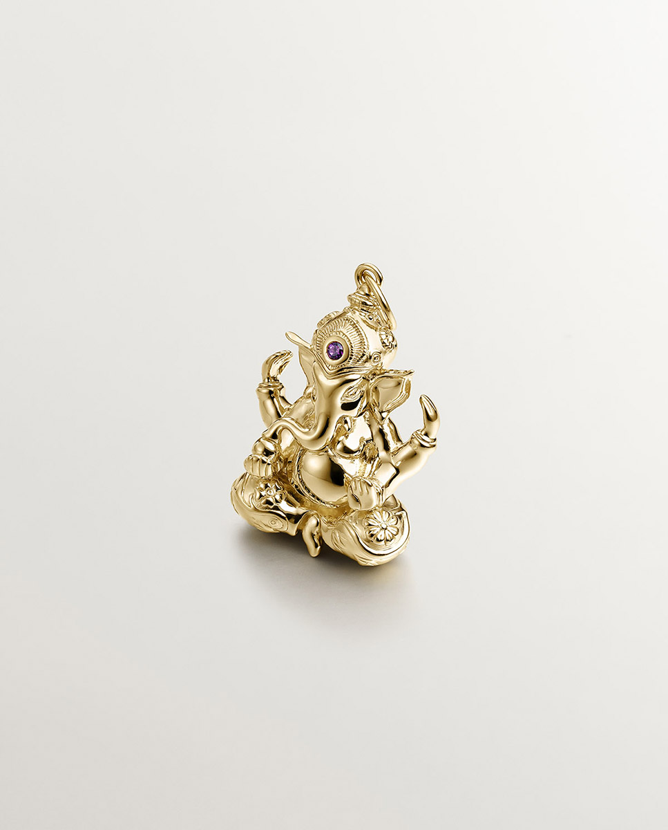 Charm de plata 925 bañada en oro amarillo de 18K con rodolita rosa y forma de elefante