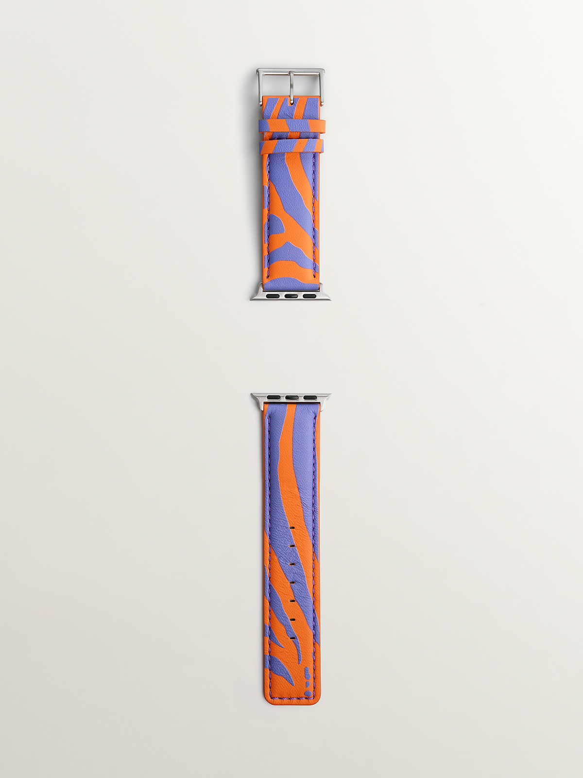 Leather strap for Apple Watch with orange and purple zebra print