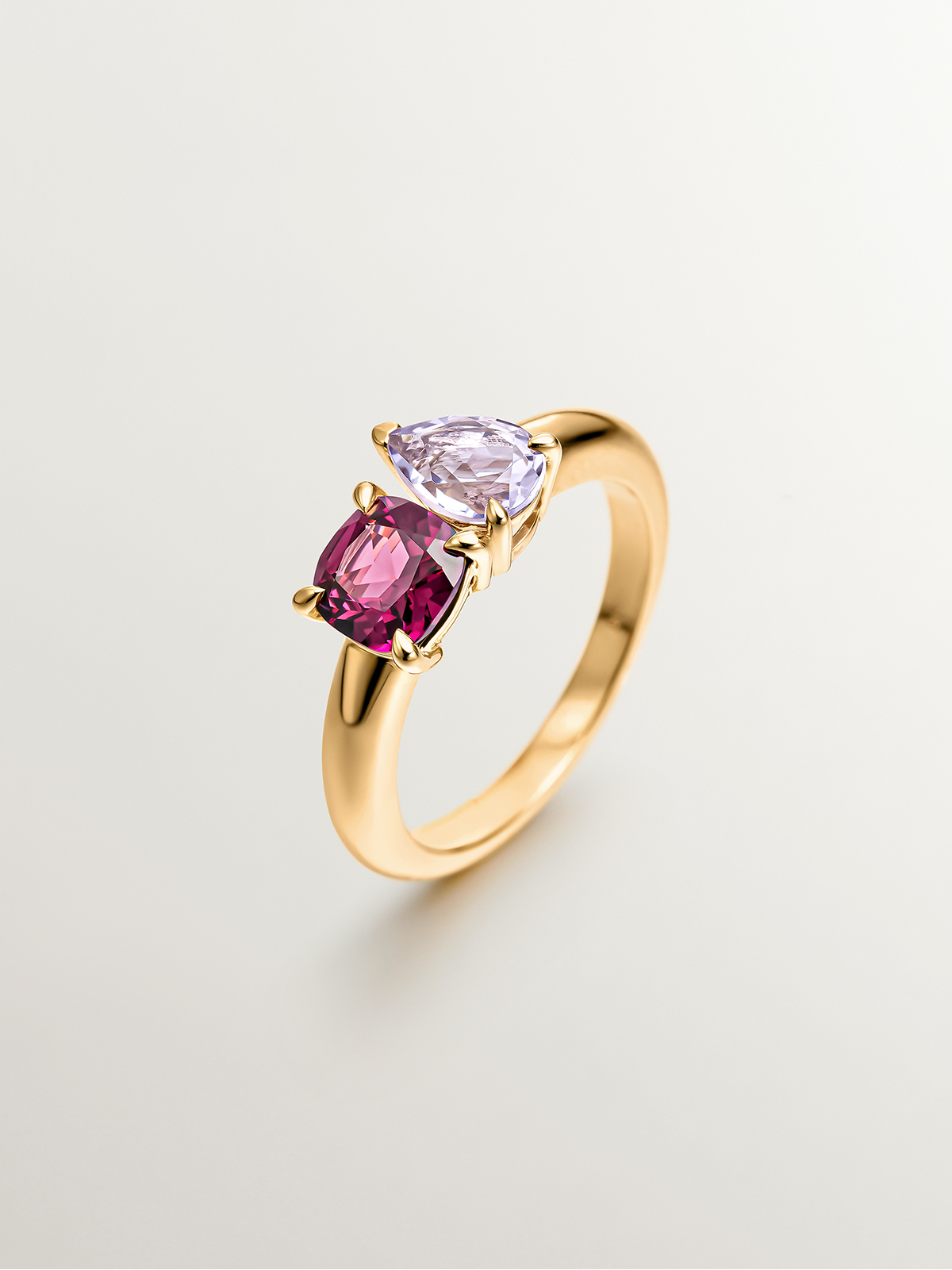 Bague en argent 925 plaqué or jaune 18 carats avec rhodolite et améthyste rose