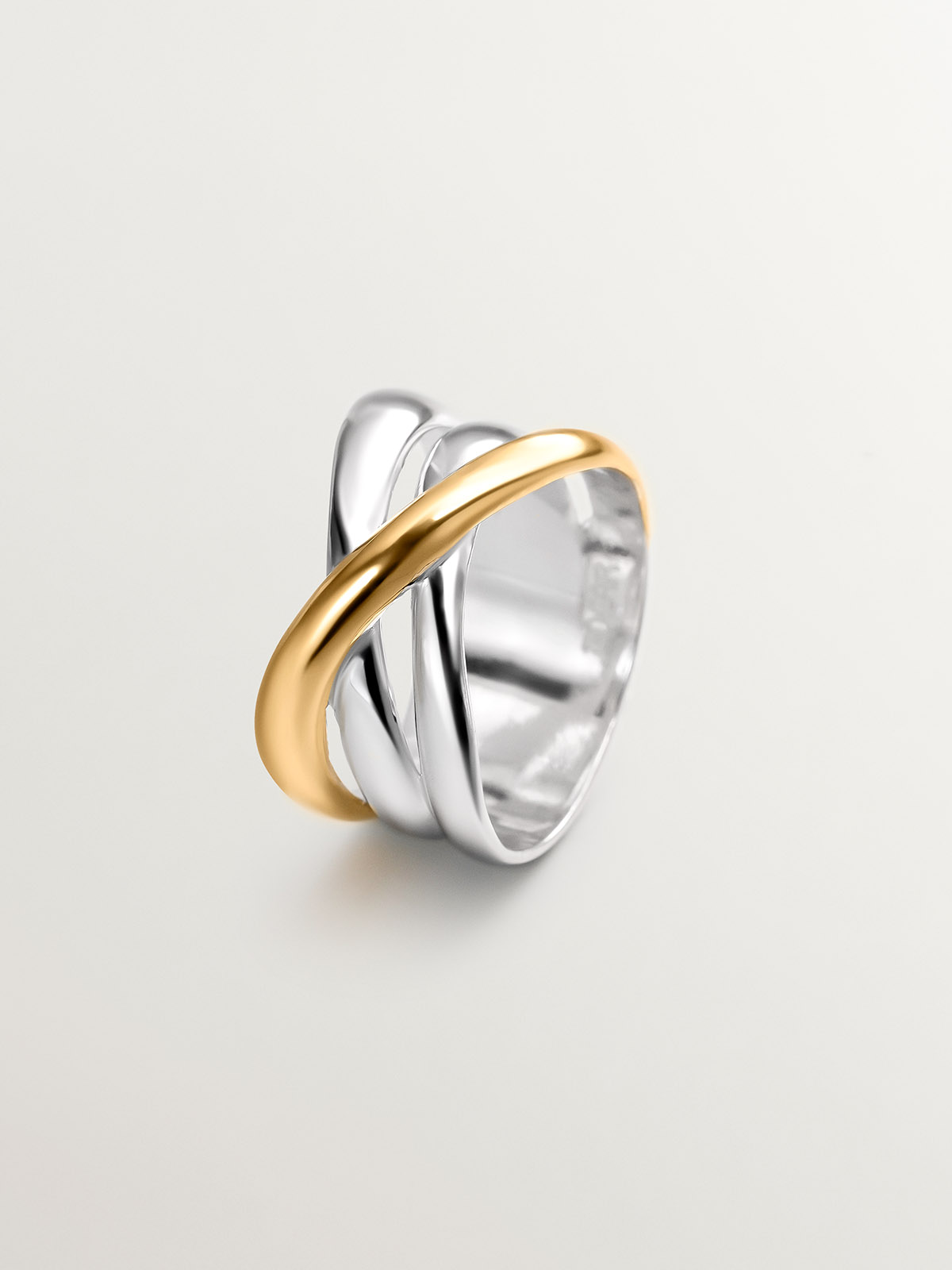 Bague large triple croisée bicolore en argent 925 et argent 925 plaqué or jaune 18K.