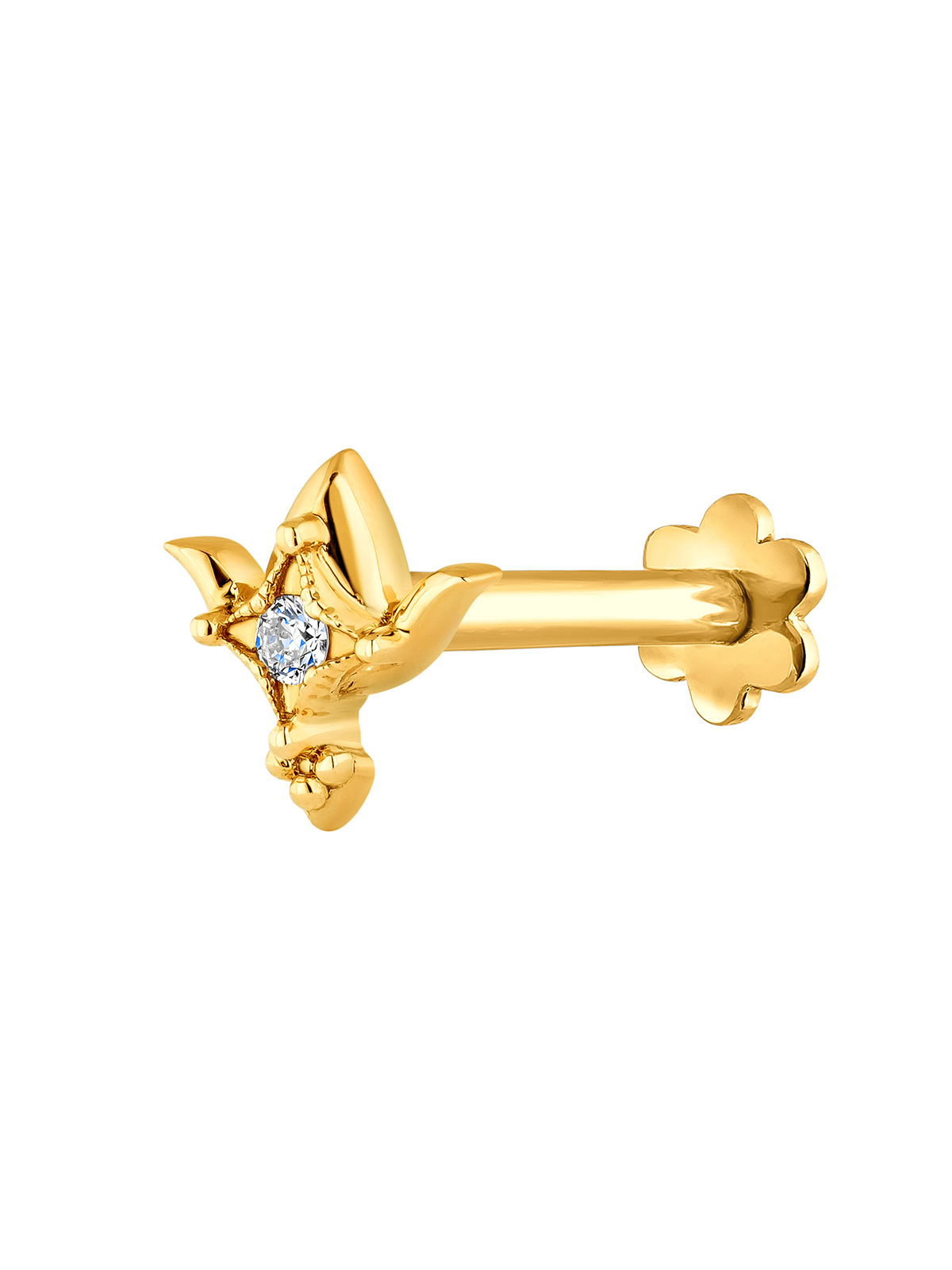 Piercing en or jaune 18K avec diamant et forme de fleur de lotus.