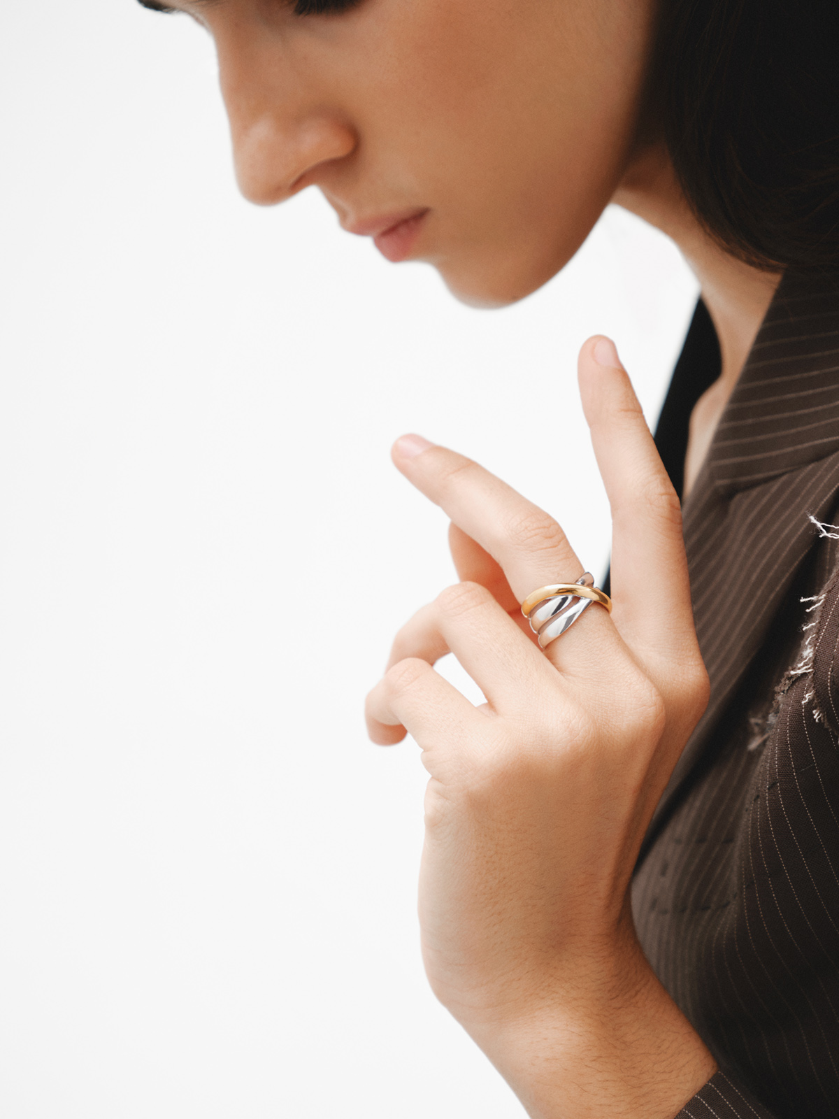 Wide triple bicolored ring made of 925 silver and 925 silver dipped in 18K yellow gold.