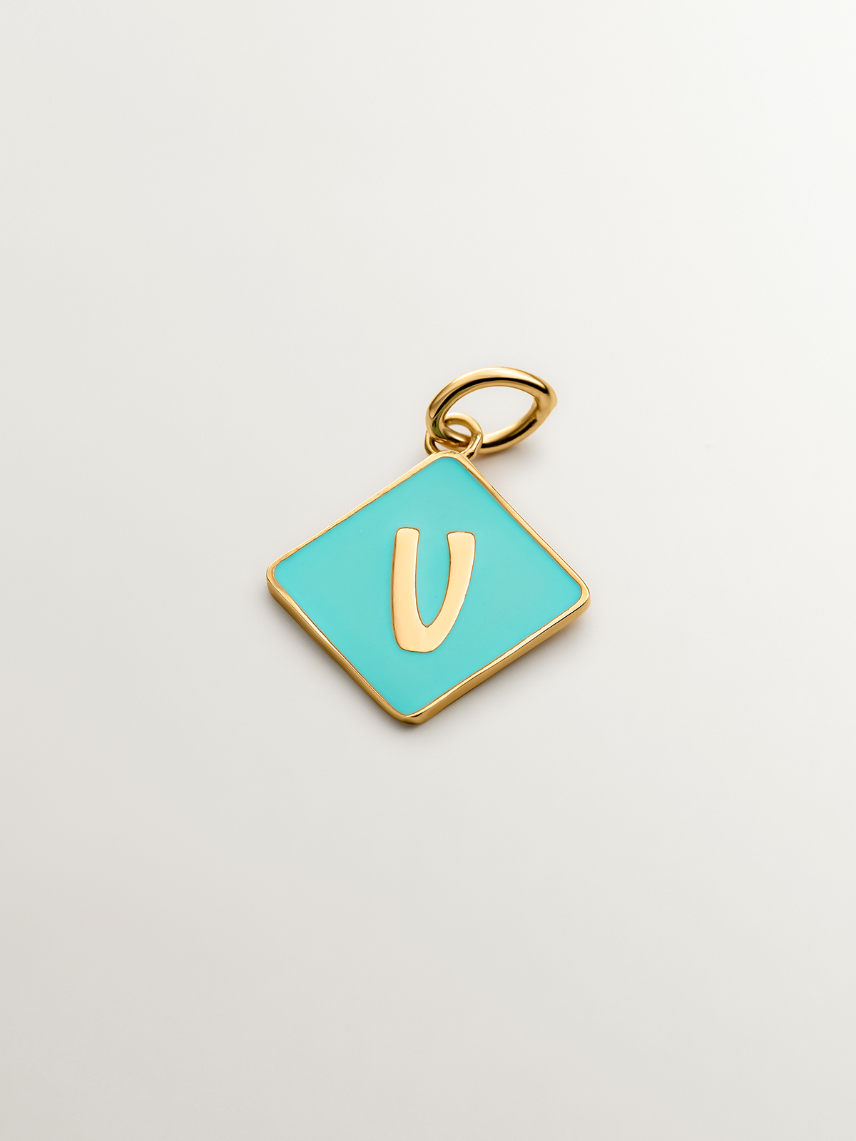 18K yellow gold plated 925 sterling silver charm with V initial and turquoise enamel in the shape of a diamond