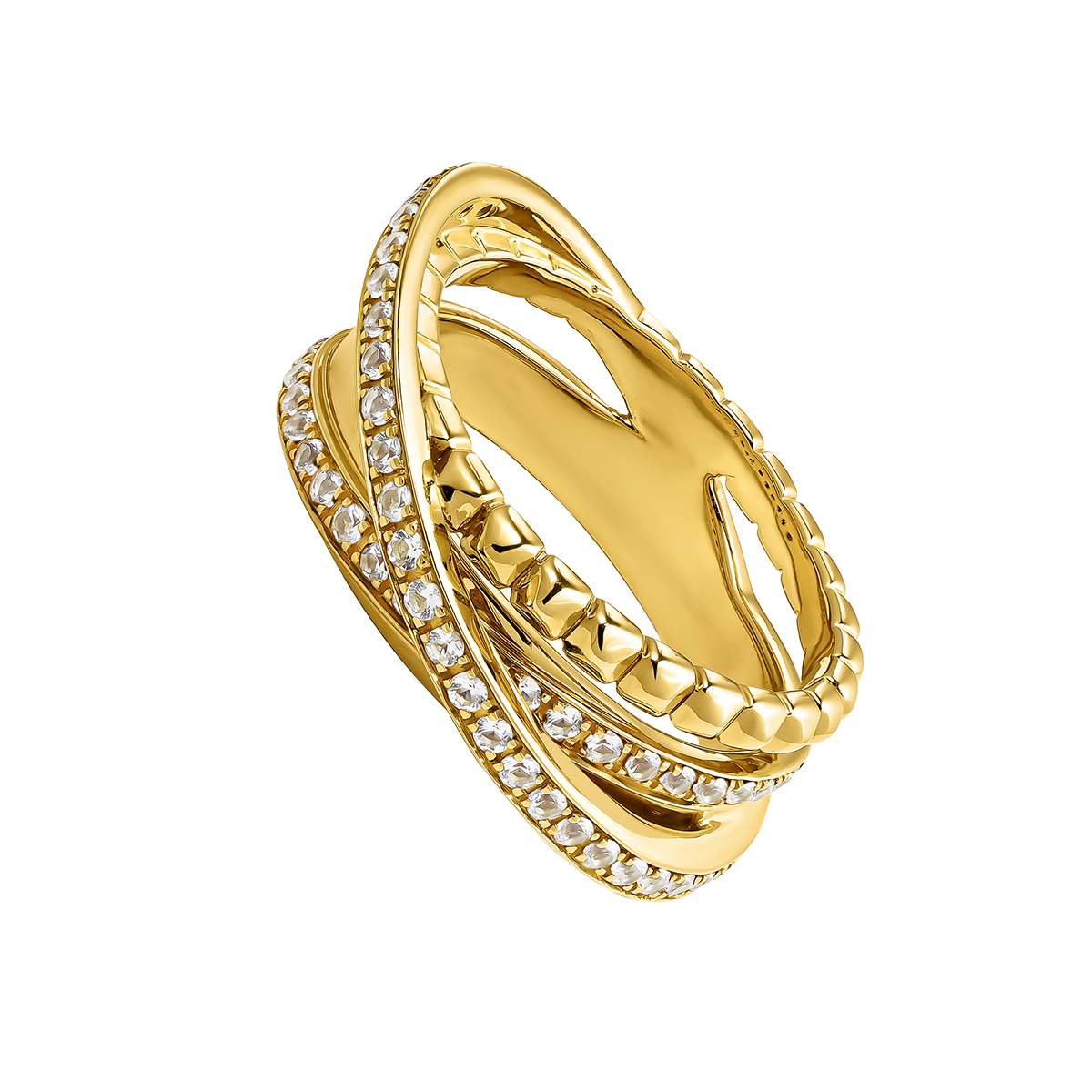 Anillo multibrazo cruzado de plata 925 bañada en oro amarillo de 18K con topacios