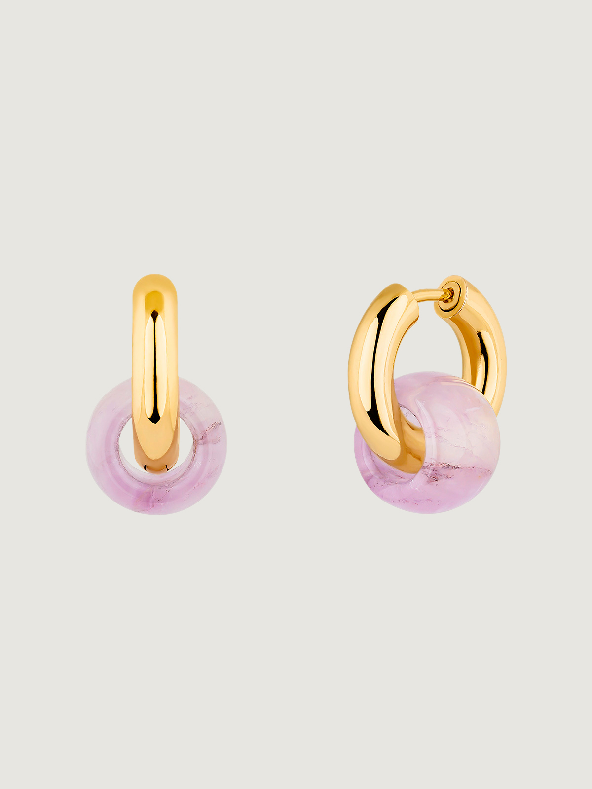 Medium-sized 925 silver hoop earrings bathed in 18K yellow gold with pink amethyst