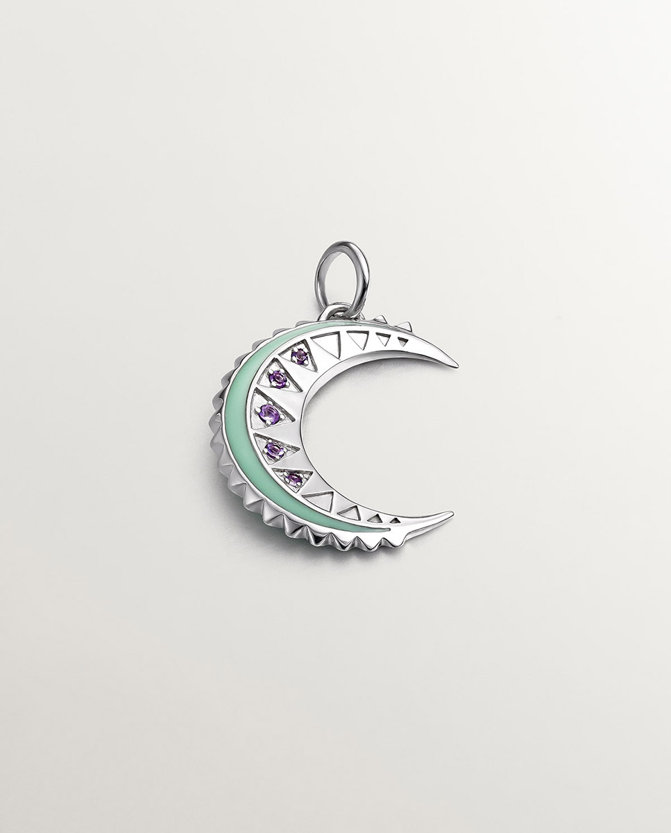 Charm de plata 925 con amatistas moradas, esmalte verde y forma de luna