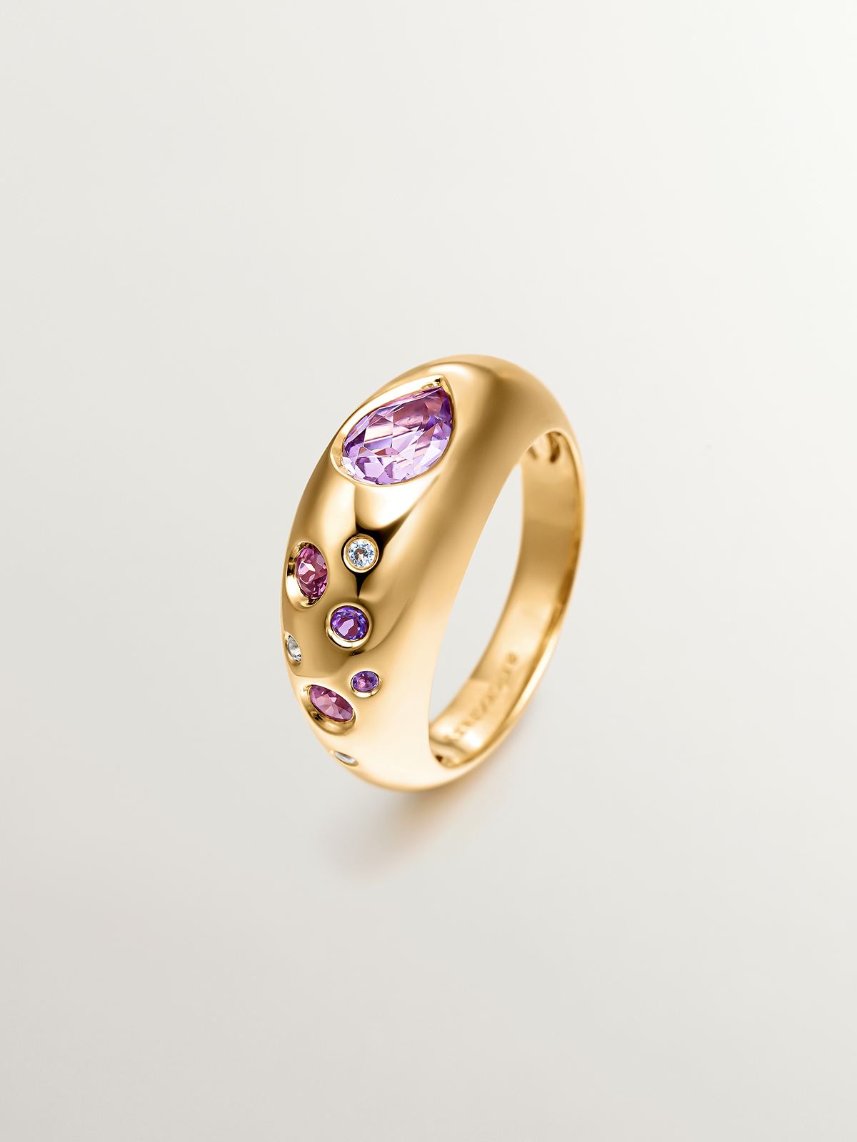 Bague en argent 925 plaqué or jaune 18 carats avec améthystes roses et violettes, topaze blanche et rhodolites roses