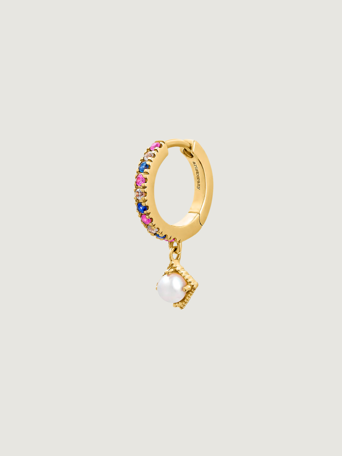 Individual small hoop earring made of 9K yellow gold with pearl and multicolored sapphires.