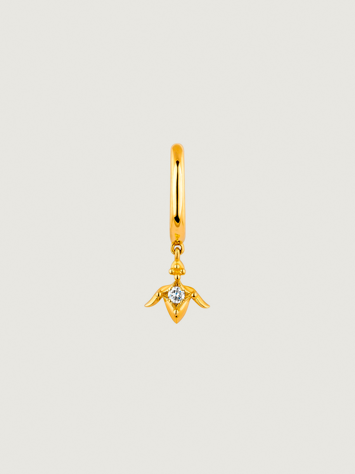 Individual small hoop earring of 9K yellow gold with diamond and lotus flower.