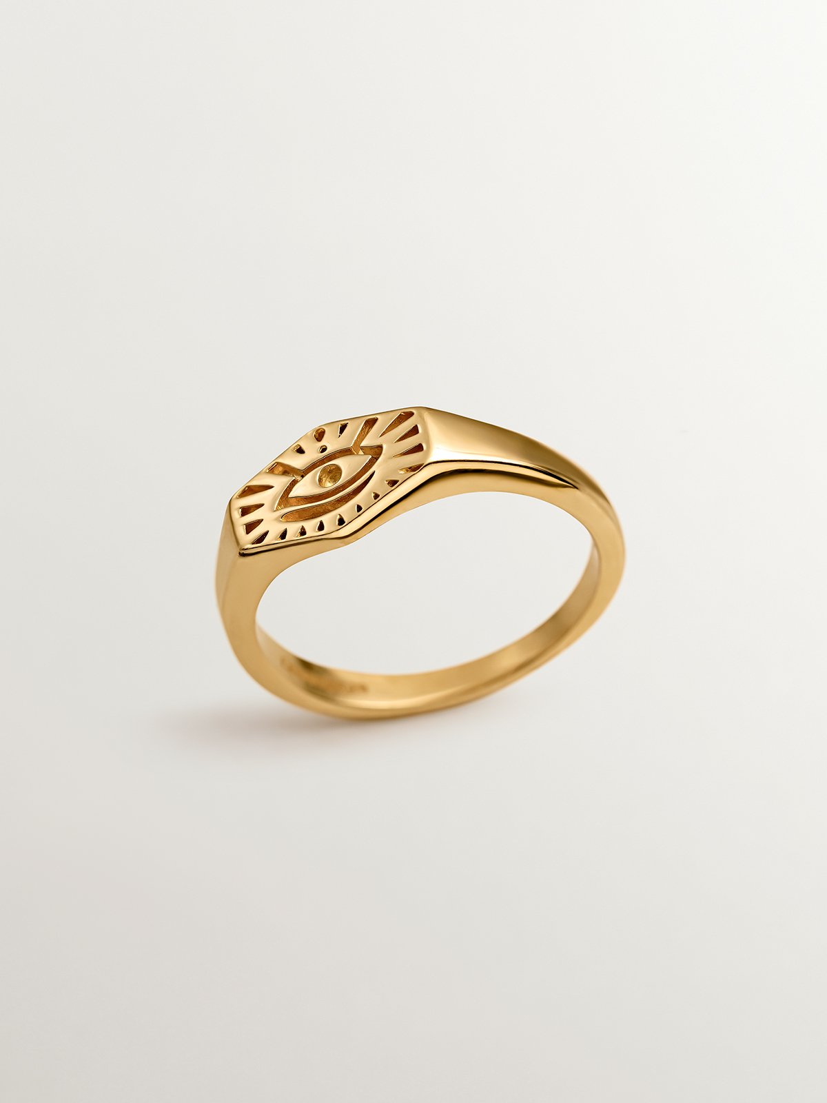 Anillo de sello de plata 925 bañada en oro amarillo de 18K con Ojo de Horus