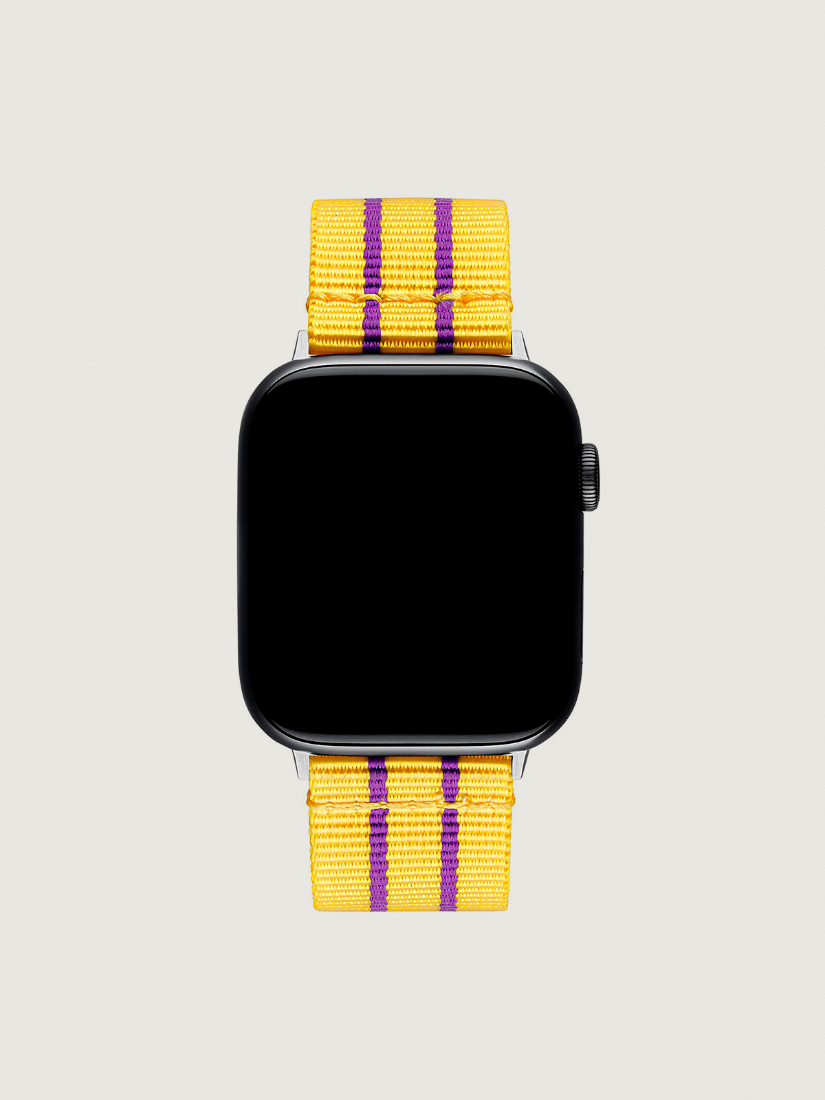 Nylon strap for Apple Watch with yellow and purple stripes.