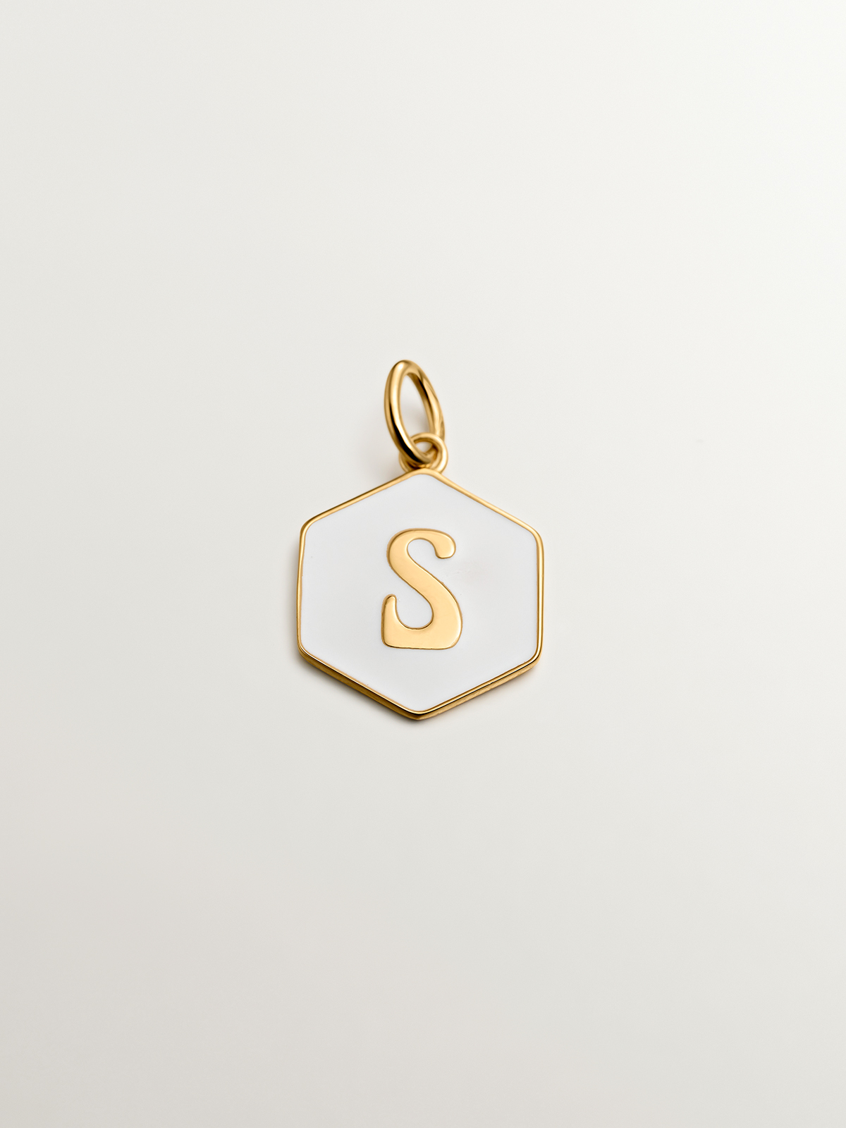 18K yellow gold plated 925 sterling silver charm with initial S and white enamel with hexagonal shape