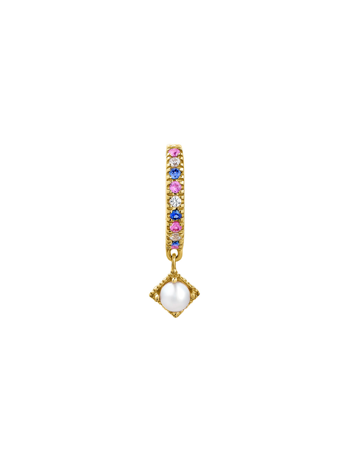 Individual small hoop earring made of 9K yellow gold with pearl and multicolored sapphires.