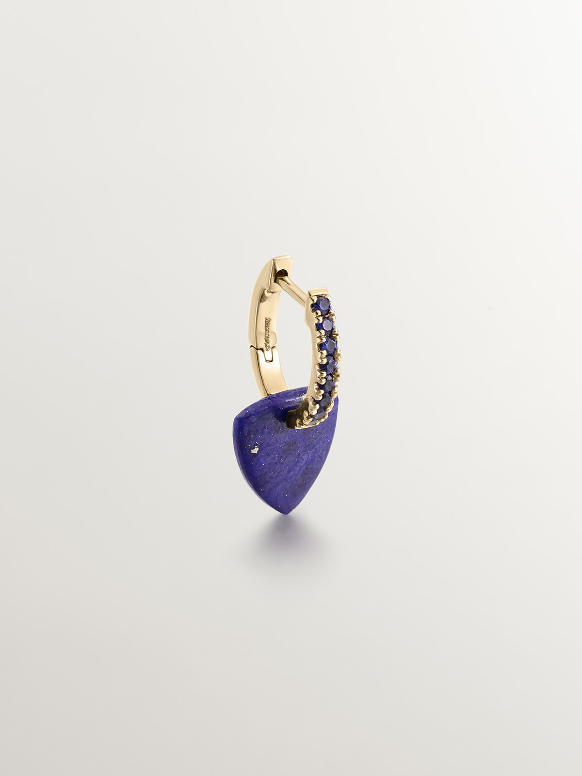 9K yellow gold single hoop earring with blue sapphires and blue lapis lazuli pendant