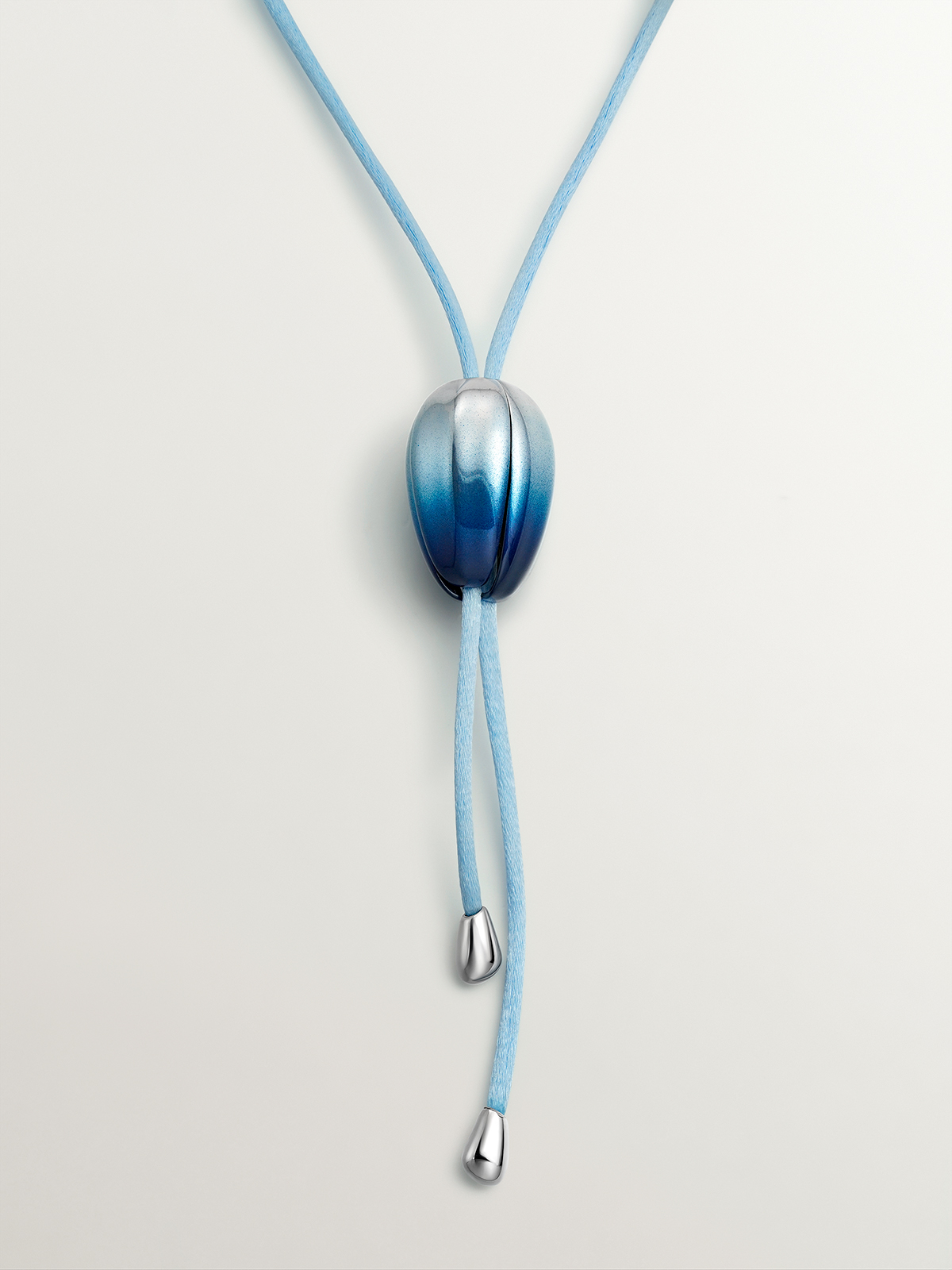 Cord and 925 silver necklace in the shape of an orchid, gradient blue enamel and polished effect